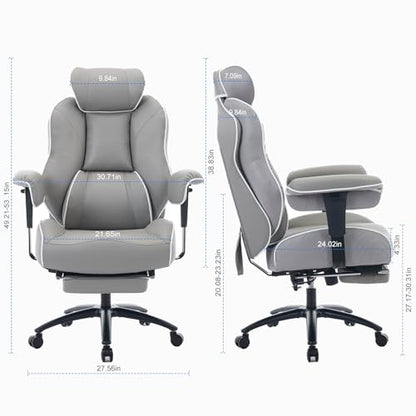 DJ·Wang Big and Tall Office Chair with Foot Rest, High Back Executive Office Chair PU Leather, Ergonomic Chairs with Lumbar Support, 135° Reclining Chairs with Thickened Spring Cushion Gray - color: Pu Gray