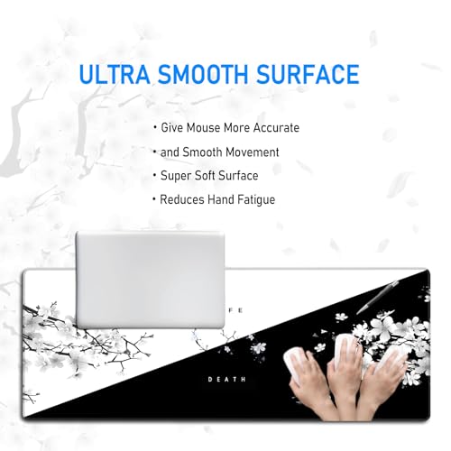 Black and White Gaming Mouse Pad,Large Life Death Desk Mat,31.5x12in | Extended Japanese Anime Cherry Blossom Mousepad with Stitched Edges,Washable Minimalist Keyboard Mat for Men,80x30 cm - color: White and Black