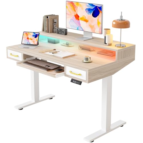 TIQLAB Standing Desk with Two Drawers, Stand Up Standing Desk Adjustable Height, Electric Sit Stand Table with Storage Shelf and Splice Board, with LED Light, 47 * 28 inch, Light Walnut - color: Light Walnut, size: 47*28 inch with keyboard tray