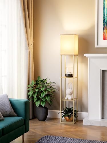 Floor Lamp with Shelves for Living Room Natural Wood, Shelf Floor Lamp with 3 CCT LED Bulb, Corner Display Standing Column Lamp Etagere Organizer Tower Nightstand with White Linen Shade for Bedroom - color: Natural Wood