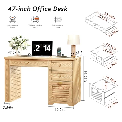 Ieejdn 47" Home Office Desks, Executive Desk, Farmhouse Computer Desk with Drawers and Charging Station, File Drawer, Storage Cabinet, Rustic Computer Writing Desk,Antique Natural - color: Natural, size: 47.24"