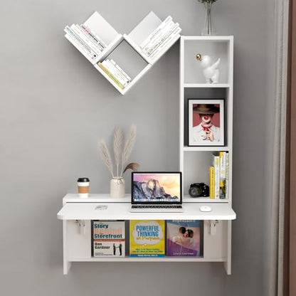 Folding Wall Mounted Drop Leaf Table, Foldable Desk with Moveable Cabinets, Floating Laptop with Convertible Storage Shelves, Multifunctional Computer Workstation in Home for Space Saving - color: White