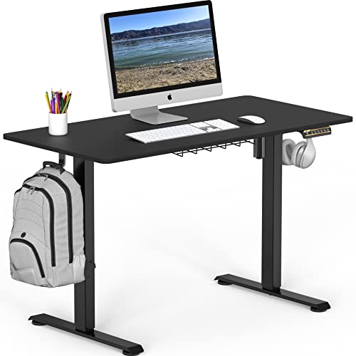 SHW 48-Inch Electric Height Adjustable Sit to Stand Desk, Black | with Hanging Hooks and Cable Management, Black Frame and Black Top - color: Black, size: 48-Inch