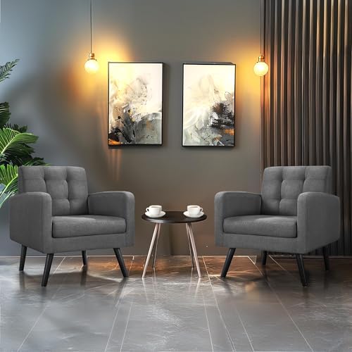 Yaheetech Mid Century Accent Chairs Set of 2 Living Room Chairs Dark Gray | Linen-Like Upholstered Sillones Para Sala, Modern Reading Nook Chairs, Button Tufted Back, Rubberwood Legs, Bedroom Office - color: Dark Gray, size: set of 2