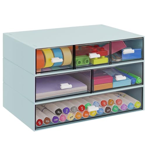 3 Tier Stackable Desk Organizer with 6 Drawers, YOCOMEY Plastic Desktop Storage Box Drawers, Detachable Makeup Storage Office Stationery Supplies Organizer for Office School(New Green) - color: New Green