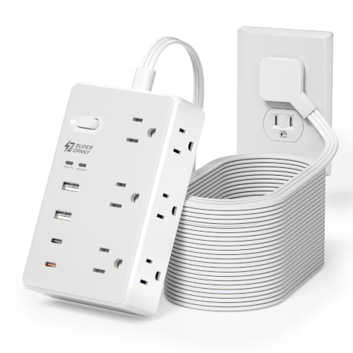 20Ft Long Extension Cord, PD20W, 6 outlets, 2A2C, Flat Plug Surge Protector | Extension Cord with Multiple Outlets, 1050J, 20ft extension cord, Long power strip for Home, Office Supplies, Dorm Essentials - size: 20 ft