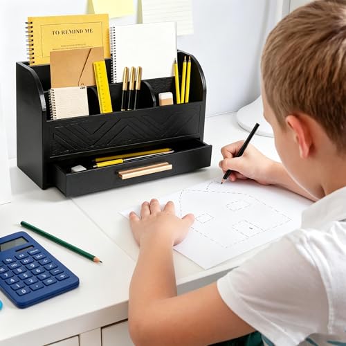 Charmewooden Black Desktop Organizer with Drawer Storage, White Desk Organizer Mail Holder Mail Organizer Countertop Pen Holder Letter Sorter Make up Organizer for School Home Office Supplies - color: Black