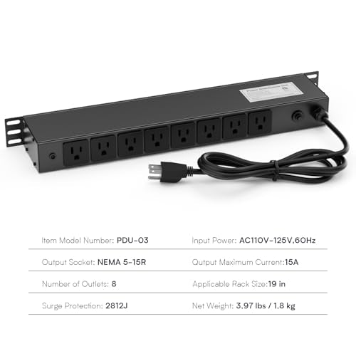 8 Outlet Horizontal 1U Rack Mount PDU Power Strip with Surge Protector - 110V/15A - 6ft Power Cord for Network Server Racks (PDU-03)