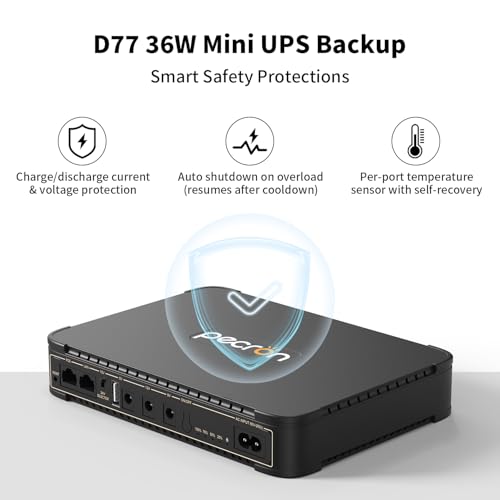 PECRON D77 DC UPS Battery Backup, 76.96Wh Small UPS for WiFi Router/Modem/Security Camera/Phone, Uninterruptible Power Supply with PoE Port, 5V/9V/12V DC5521 Port, 5V USB-A