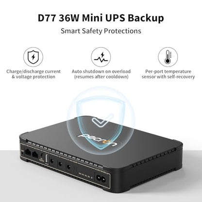 PECRON D77 DC UPS Battery Backup, 76.96Wh Small UPS for WiFi Router/Modem/Security Camera/Phone, Uninterruptible Power Supply with PoE Port, 5V/9V/12V DC5521 Port, 5V USB-A