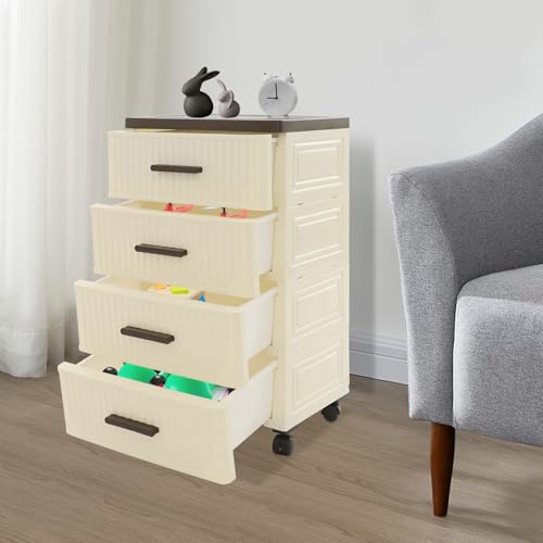 4 Tier Storage Cabinet With Wheels, PP Drawer Organizer Unit, Rolling Slim Storage Cart, Modern Nightstand, 2 Brakes, 22.4in, for Bedroom, Kitchen, Bathroom, Living Room (Creamy Yellow, Brown)