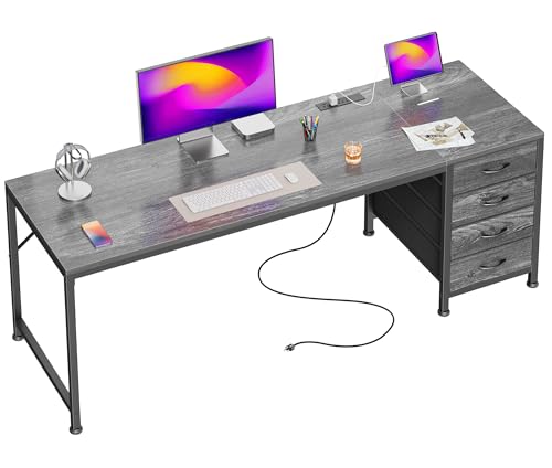 63 Inch Computer Office Desk with Power Outelts and USB-C Port, Reversible Gaming Desk with 4 Fabric Drawers, Work Study Desk Work from Home, Grey - color: Grey, size: 63 inch