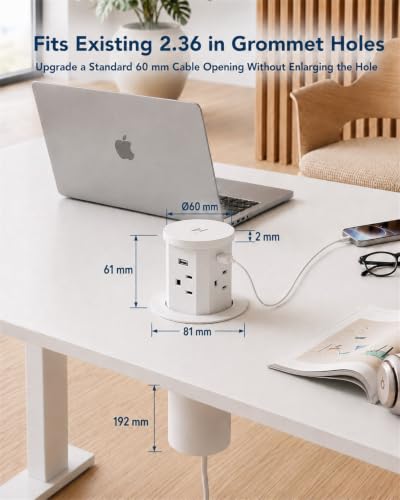 2.4" Pop Up Countertop Outlet, 30W USB-C & Wireless Charger | Fits 2.4 in (60mm) grommet holes, 4 AC outlets, 2 USB-C 30W, 2 USB-A 18W, 15W wireless charging and 1.5m cord, White - color: White