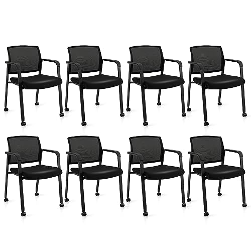 Tangkula Rolling Conference Room Chairs Set of 8, Stackable Office Guest Mesh Chairs with Armrests and Wheels, Ideal for Waiting Room Office, School, Lobby (Black) - color: Black, size: Set of 8