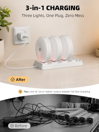 EZVALO Under Cabinet Lighting with Charging Station, 1000mAh Rechargeable Puck Lights with Remote, 3 Color Temps & 12 RGB Closet Lights, Dimmable Motion Sensor Lights for Shelf, Kitchen (3 Packs) - color: White