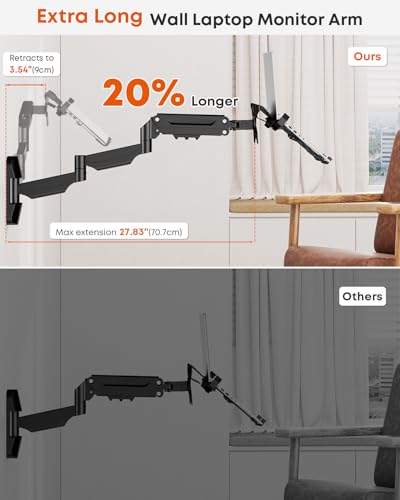 Long Arm 2-in-1 Laptop Wall Mount with Detachable Tray for 12-17'' Laptops | 30.28'' Extra Long Gas Spring Arm, Also fits 13-32'' Monitors, Stability, Easy to Install, Max holds 19.8lbs, Black