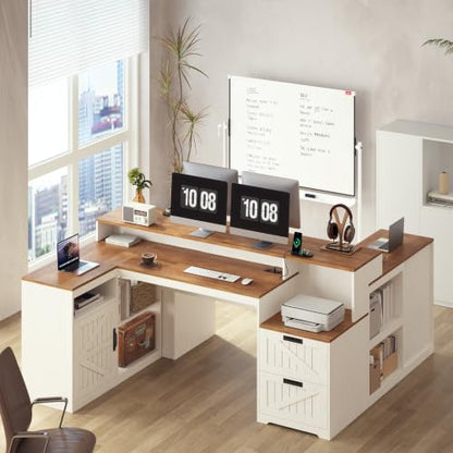 TVU Farmhouse L Shaped Desk with Drawers, 62.2" Home Office Desk with Storage Shelves and Power Outlet, L Shaped Computer Desk with Monitor Stand and Printer Shelf, Brown and White - color: Brown and White