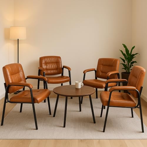 Naomi Home Faux Leather Guest Reception Chair Set of 4 - Caramel | Stackable office chair with supportive armrests and durable construction for everyday office seating. - color: Caramel, Faux Leather, style: Set of 4