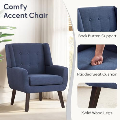 HUIMO Living Room Chairs Set of 2,Upholstered Button Linen Accent Chair | Mid Century Fabric Modern Armchair,Comfy Arm Club Sofa Chairs for Living Room Reading Bedroom,Waiting Room Dark Blue 2PCS - color: Dark Blue