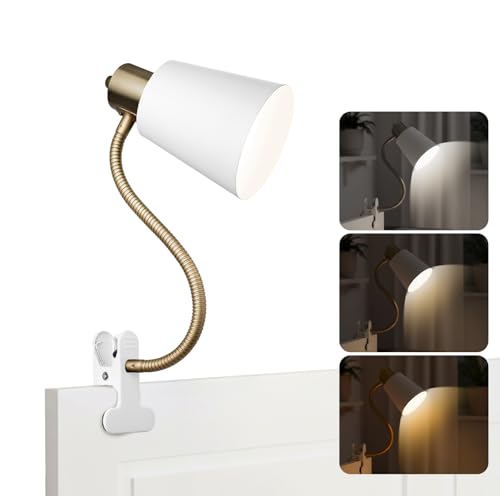 LALISU Desk lamp Eye-Caring Table Lamps 360°Rotation Gooseneck Clip on Lamp | Portable Desk Light Reading Book Light, Clamp Light, Study Desk Lamps for Bedroom and Office Home Lighting (Black and White) - color: White and Gold