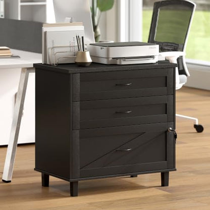 Quikraen 3-Drawer Wooden File Cabinet with Lock, Large Lateral Filing Cabinet with Hanging File Folders, Farmhouse Style Office Organizer Printer Stand for Home Office, Black 32 inch