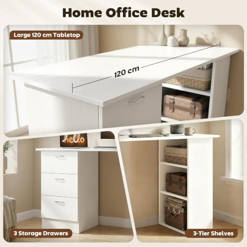 HOMCOM Computer Desk with Drawers, 47" Home Office Desk with Storage, White - color: White