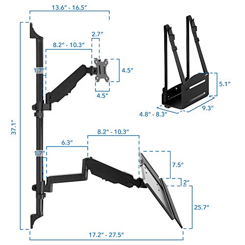 Mount-It! Single Monitor Arm Wall Mount Workstation with Keyboard Tray & CPU Holder, Height Adjustable Gas Spring Full Motion Computer Station, Fits 17–32” VESA 75x75 100x100, Black - size: Single Monitor