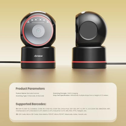T27H Omnidirectional Auto-Sensing Desktop USB Barcode Scanner, Hands-Free Adjustable Angle 1D/2D QR Code Reader, Plug and Play Wired Scanner for POS, Library and Inventory