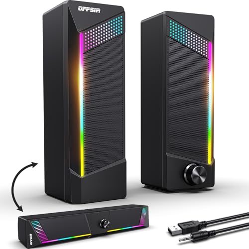 Computer Speakers, 2 in 1 PC Speaker , Gaming Speakers for PC Computer Laptop Desktop Monitor, RGB Speakers with Touch Sensitive Lighting, USB Powered 3.5mm Aux（Package Only Two Speaker, No Soundbar）