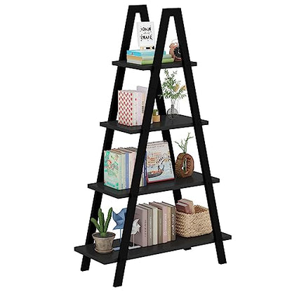 Recaceik 4-Tier A-Shaped Ladder Bookshelf, Industrial Wooden Bookcase with Metal Frame, Farmhouse Open Display Shelves for Living Room, Bedroom, Office - color: Black