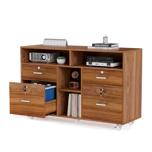 VINGLI Wide 4 Drawer Lockable Rolling File Cabinet with Open Shelves - Walnut Wood Lateral File Cabinet Printer Stand for Home Office, Letter Sized - color: Walnut