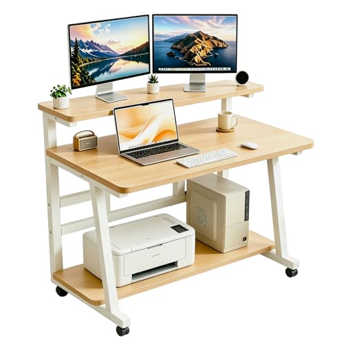 31.5 Inch Compact Rolling Computer Desk with Tier Worktable & Lockable Wheels, Small Computer Desk, Small Desk for Bedroom, Mobile Writing Workstation Easy Assembly for Home Office Small Spaces - color: Frame：white/Board：teak, size: 31.5“*19.7”