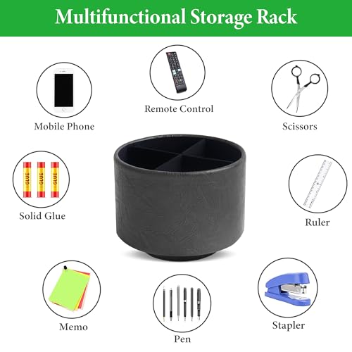 Round Leather Art Supply Organizer,Remote Control Holder,360 Degree Spinning,Multi-Functional Pencil Holder,4 Compartments Desktop Stationary Organizer(1-Crazy Black) - color: 1-Crazy Black