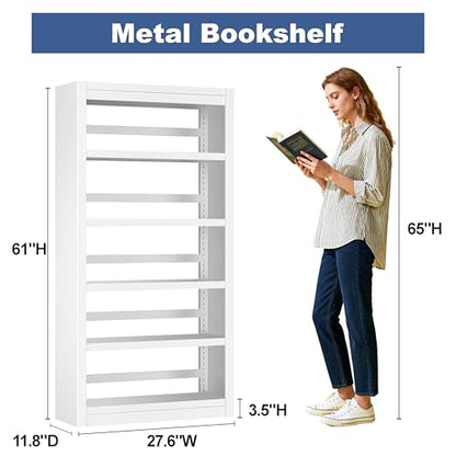61" 5-Tier Metal Bookshelf,4 Adjustable Shelves,Large Capacity (White) - color: White, size: 61"H*27.5"W*11.8"D