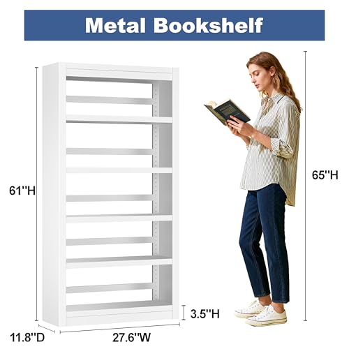 61" 5-Tier Metal Bookshelf,4 Adjustable Shelves,Large Capacity (White) - color: White, size: 61"H*27.5"W*11.8"D