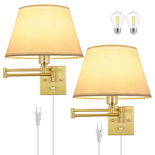 TRLIFE Dimmable Wall Sconce Plug in, Brushed Brass Wall Sconces Set of 2 Swing Arm Wall Lights with Plug in Cord and Dimmer On/Off Knob Switch, 11.8" Large White Fabric Shade(2 LED Bulbs Included) - color: Gold, size: Large