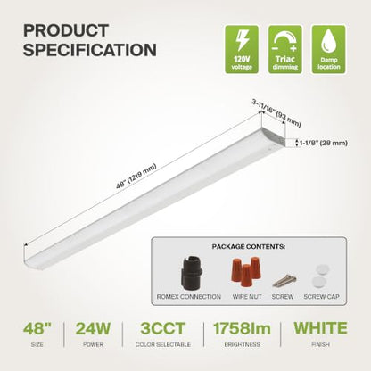 ASD LED Under Cabinet Lighting, 48 inch 24W 1758 LM Dimmable Hardwired Under Cabinet Lights for Kitchen, 3000K Soft/4000K Cool/5000K Daylight, Under Counter Light Fixtures, ETL, White, Bullnose Design - color: 48 Inch White, size: 1 Pack
