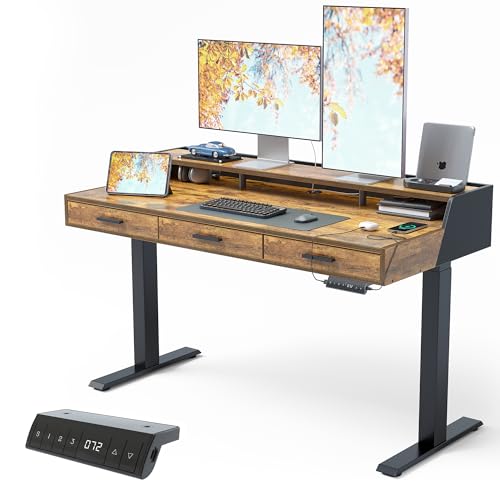 CubiCubi Standing Desk 55x26 Inches with 3 Wood Drawers and Monitor Shelf, Ergonomic Rising Home Office Desks, Height Adjustable Computer Desk, Sit Stand Up Electric Workstation Table, Antique Brown - color: Antique Brown, size: 55" x 26"