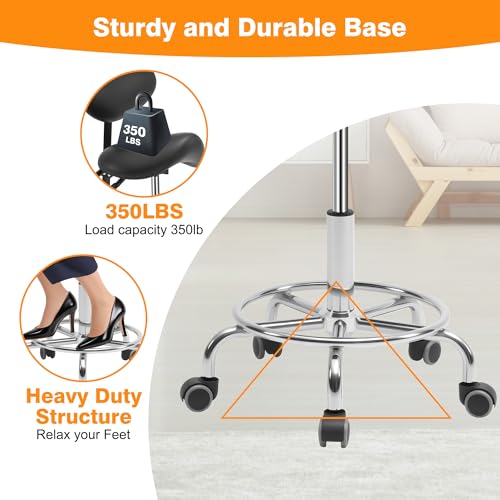 Saddle Stool Chair with Back Support and Wheels, Ergonomic Swivel Chair | Multi-functional Saddle Stool with Adjustable Height for Salon Dentist Clinic Tattoo Spa Saddle Rolling Stool Black