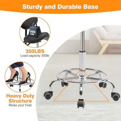 Saddle Stool Chair with Back Support and Wheels, Ergonomic Swivel Chair | Multi-functional Saddle Stool with Adjustable Height for Salon Dentist Clinic Tattoo Spa Saddle Rolling Stool Black