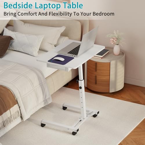 Rolling Adjustable Height Computer Desk With Drawers, Small Mobile Laptop Desk Cart On Wheels For Small Spaces Home Office, Portable Sitting Laptop Table For Bed Couch Load Up To 60LBS, Sturdy, White - color: White