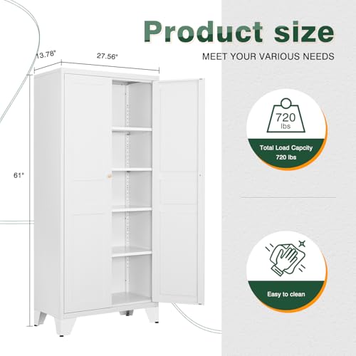 Letaya Metal Pantry Kitchen Storage Cabinet,61" H Adjustable Shelves,White - color: White, size: 14" D x 28" W x 61" H