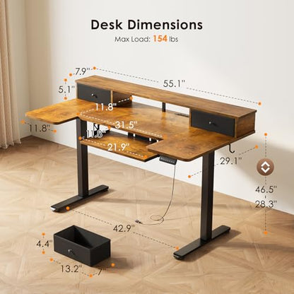 OffiGo 55 Inch U Shape Standing Desk, Keyboard Tray & Drawers, Rustic Brown - color: Rustic Brown With Drawers, size: 55 Inch