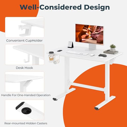 40''Pneumatic Standing Desk,Onepiece Adjustable Height Home Office | White 39.4"x23.6" Home Desk Rolling Computer Workstation with Hooks & Cup Holder,Hidden Casters - color: White, size: 4024