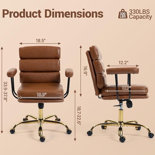 Faux Leather Home Office Desk Chair, Ergonomic Executive Computer Chair with Gold Base, Padded Seat and Armrests, Adjustable Height Swivel Makeup Vanity Chair with Wheels, Brown - color: Brown