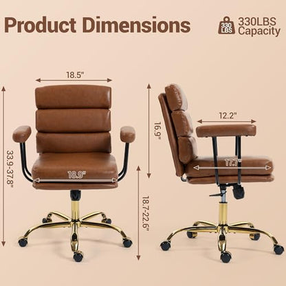 Faux Leather Home Office Desk Chair, Ergonomic Executive Computer Chair with Gold Base, Padded Seat and Armrests, Adjustable Height Swivel Makeup Vanity Chair with Wheels, Brown - color: Brown