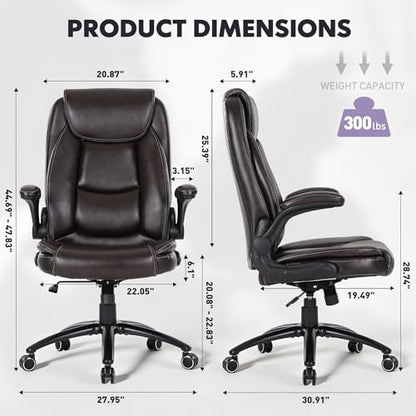 MALOL 300LBS PU Leather High-Back Executive Office Chairs, Heavy Duty Home Ergonomic Computer Chair Flip-Up Armrests & Reclining Backrest, Brown - color: Brown-new