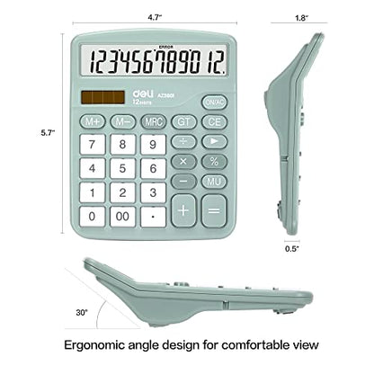 Calculator, Deli Standard Function Desktop Calculators with 12 Digit Large LCD Display and Sensitive Button, Solar Battery Dual Power Office Calculator, Green - color: Green