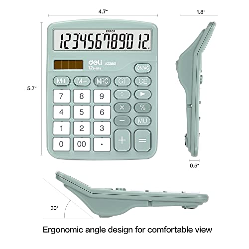 Calculator, Deli Standard Function Desktop Calculators with 12 Digit Large LCD Display and Sensitive Button, Solar Battery Dual Power Office Calculator, Green - color: Green