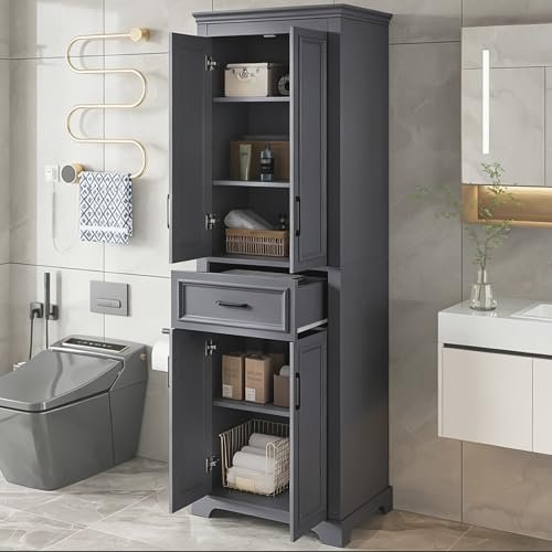 Tall Freestanding Storage Cabinet with 4 Doors & One Drawer, Multi-Purpose Organizer with Adjustable Shelf for Bathroom, Office, Living Room, Charcoal Grey - color: Charcoal Grey/One Drawer